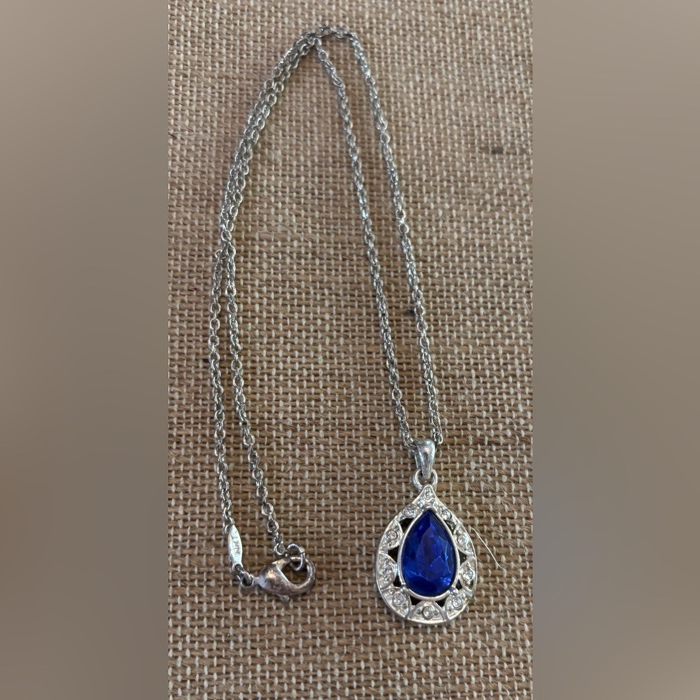 Blue Teardrop Crystal Signed NRT Necklace 16”